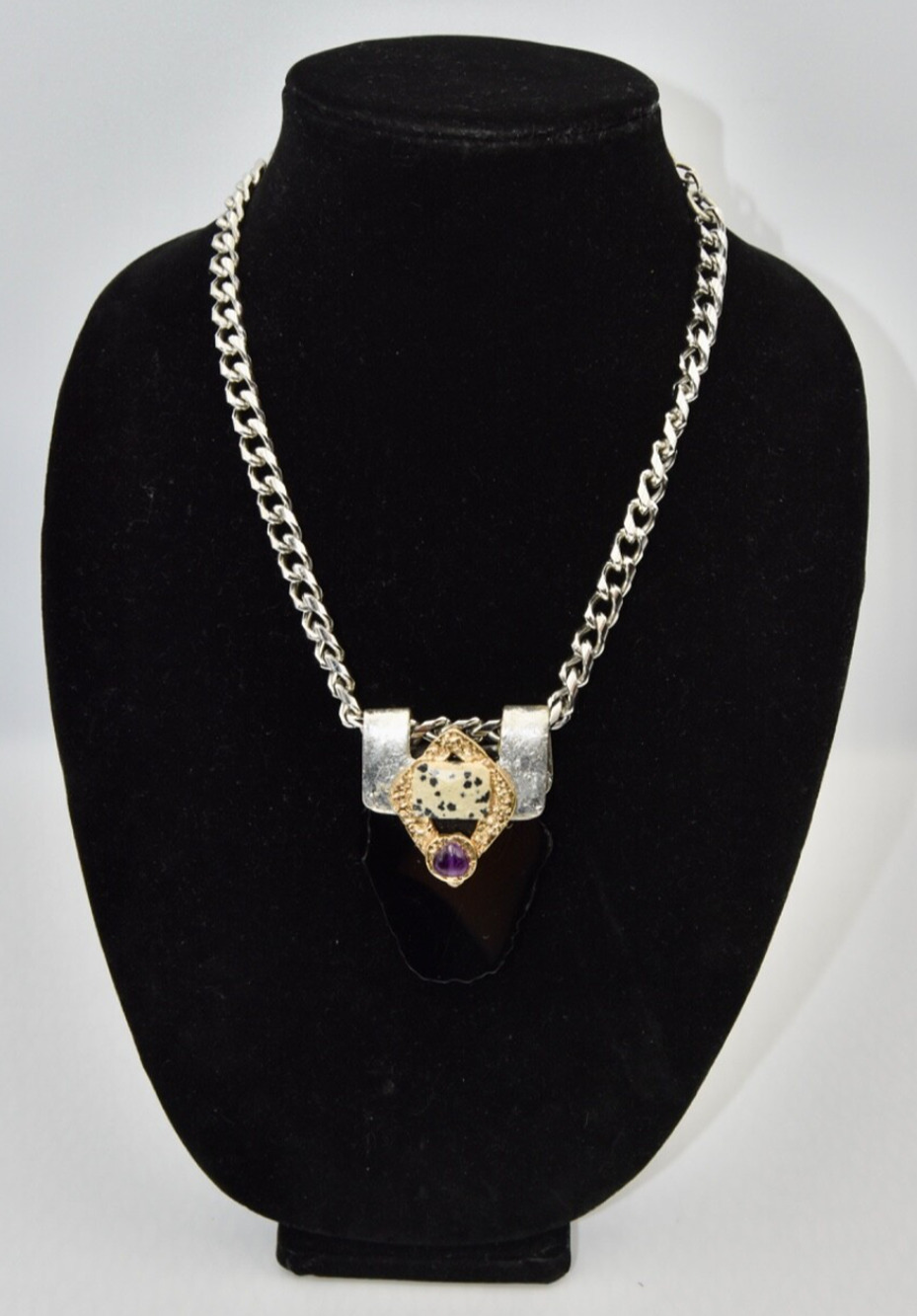 J Jansen Brutalist Onyx Gold & Silver Plated Austrian Crystal Statement Necklace